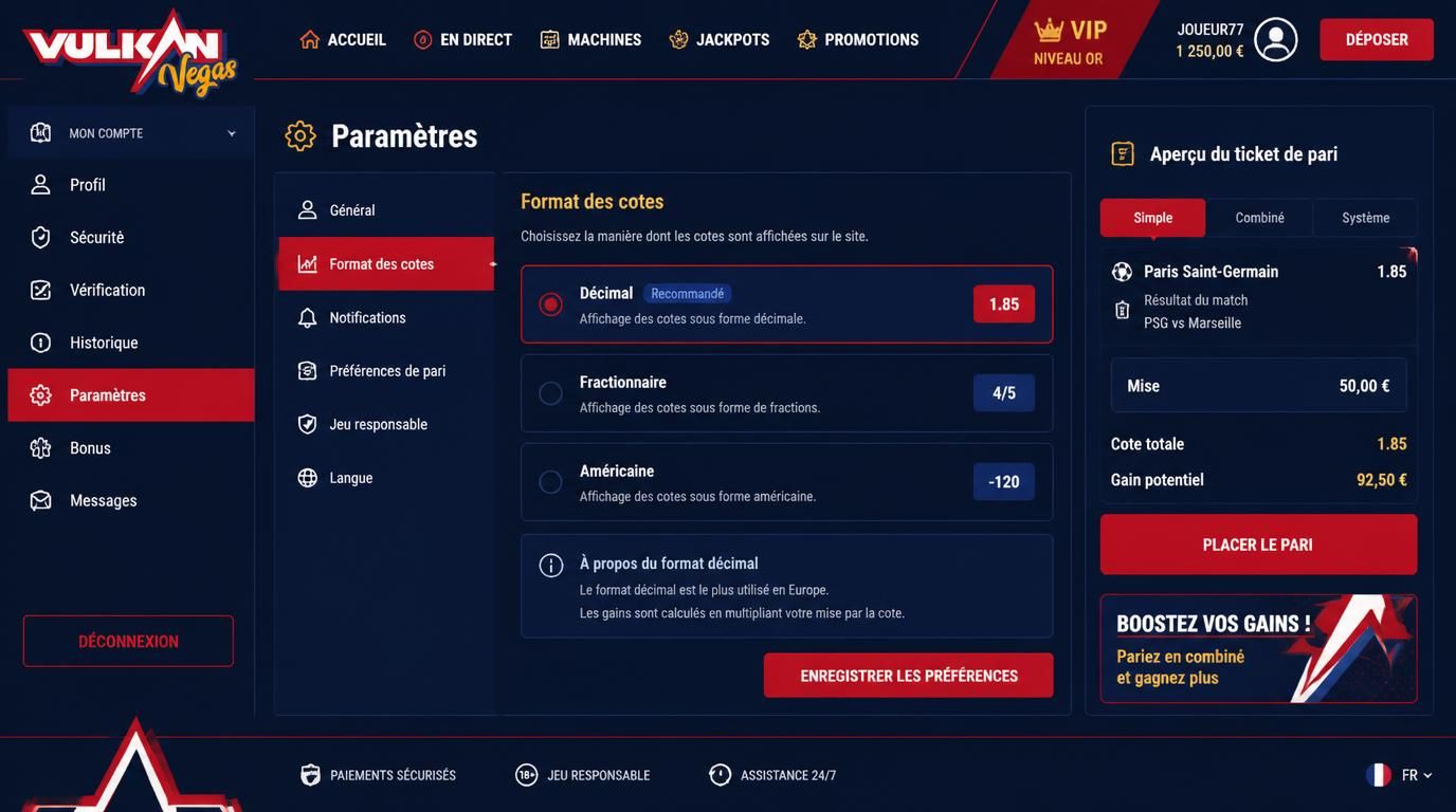 sélection format des cotes décimal dans profil VIP, interface claire France