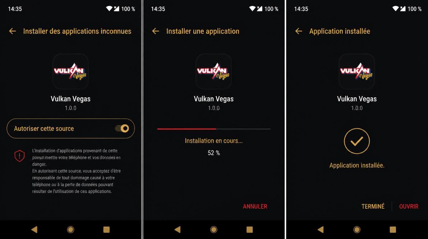 Montre l’écran d’installation apk officiel de Vulkan Vegas sur Android bouton “Installer” bien visible, nom du fichier cohérent, icônes sobres style sombre avec touches dorées, pas de pop-ups criards