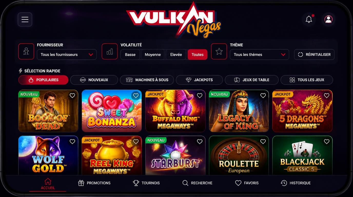 Section filtres de jeux fournisseur, volatilité, thème liste de jeux se réduit instantanément ambiance casino électrique