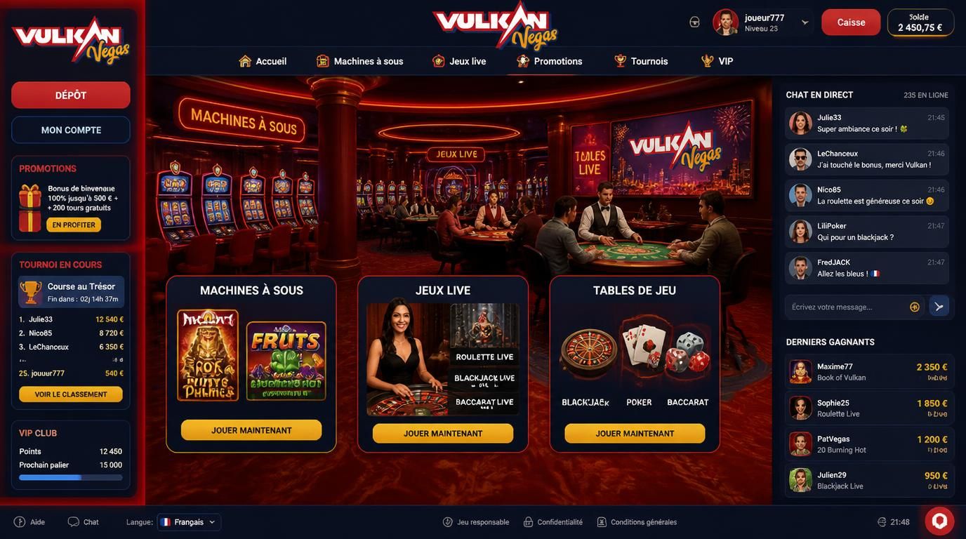 Interface de casino avec machines à sous et table live, texte en français, ambiance immersive sombre